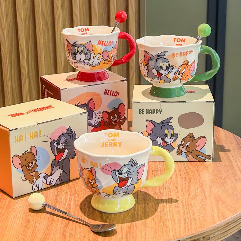 Vintage Cute Cartoon Cat Mouse Print Brown Cup Round Mouth Cup Ceramic Tall Foot Cup Coffee Cup with Spoon Box Gifts