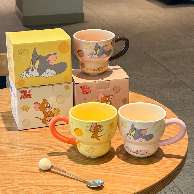 Vintage Cute Cartoon Cat Mouse Print Brown Cup Round Mouth Cup Ceramic Tall Foot Cup Coffee Cup with Spoon Box Gifts
