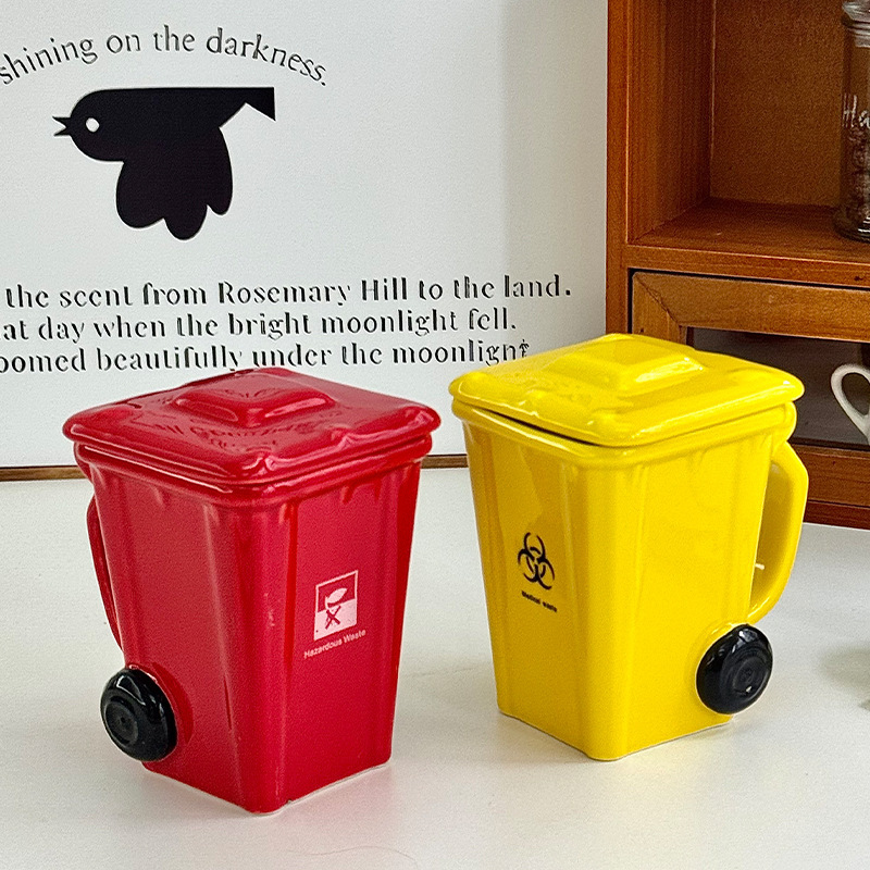 360ML Creative Trash Can Shape Ceramic Mugs Funny Birthday Gifts Coffee and Water Cups for Boys Girls Friends Breakfast Cups with Spoon