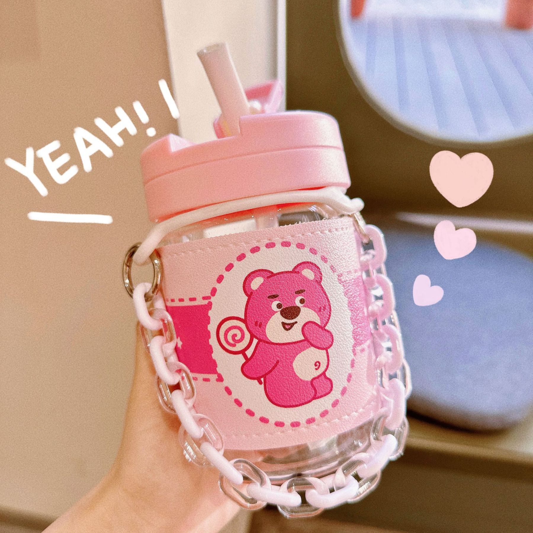 Cute Pink Bear Plastic Cup Creative Anti-scald Straw Cup with Leather Case