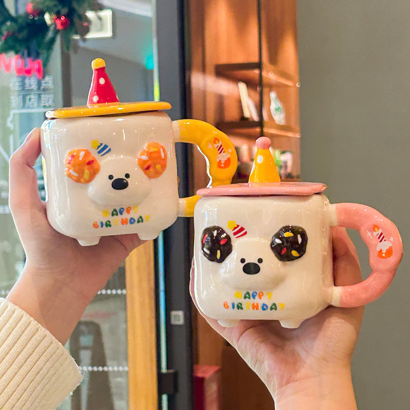 400ML Cute Birthday Hat Puppy Cup Sausage Puppy Ceramic Cup Kids Friends Birthday Gift Cartoon Mug with Lid Gift Box Set