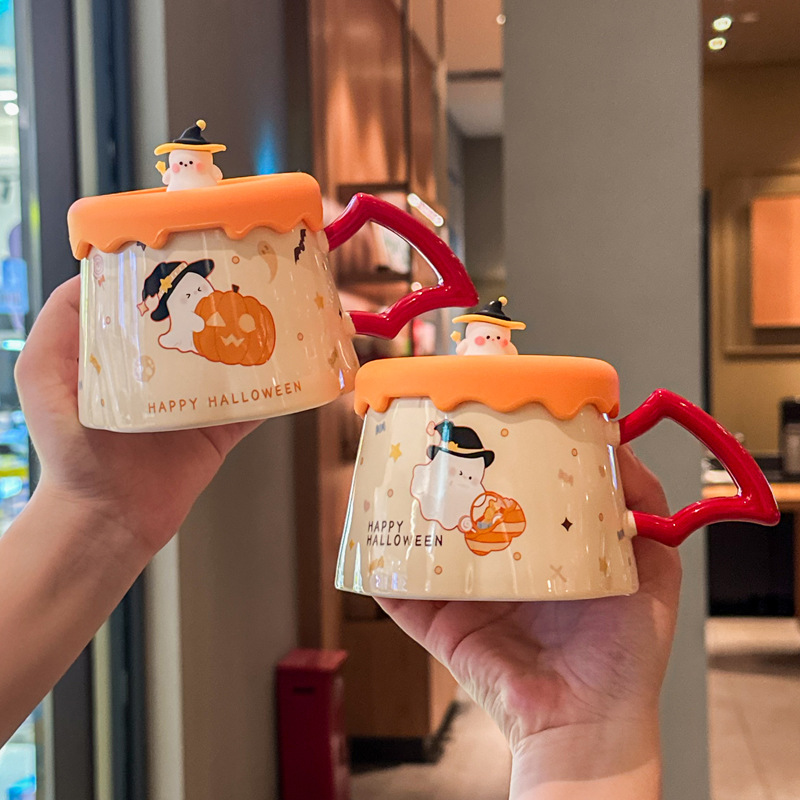 380ML Cute Ghost Ceramic Cup with Lid Creative Funny Mug Gift Box Halloween gifts for Friends Couple Kids