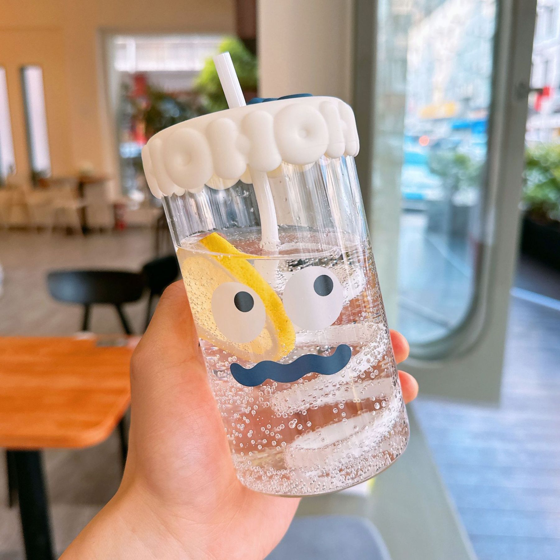 520ML Cartoon Glass Cups Large-capacity High Borosilicate Glass Straw Cups