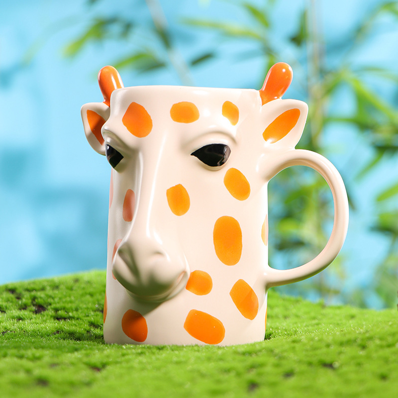 500ml Creative 3D Giraffe Ceramic Mug Cartoon Cute Animal Embossed Cup Personality Trend Coffee Mug Ceramic Cup 