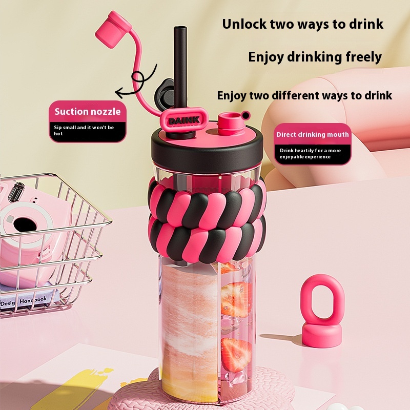 720ML Color Double Drink Cup Cartoon Student Plastic Water Cup Large Capacity Portable Straw Cup