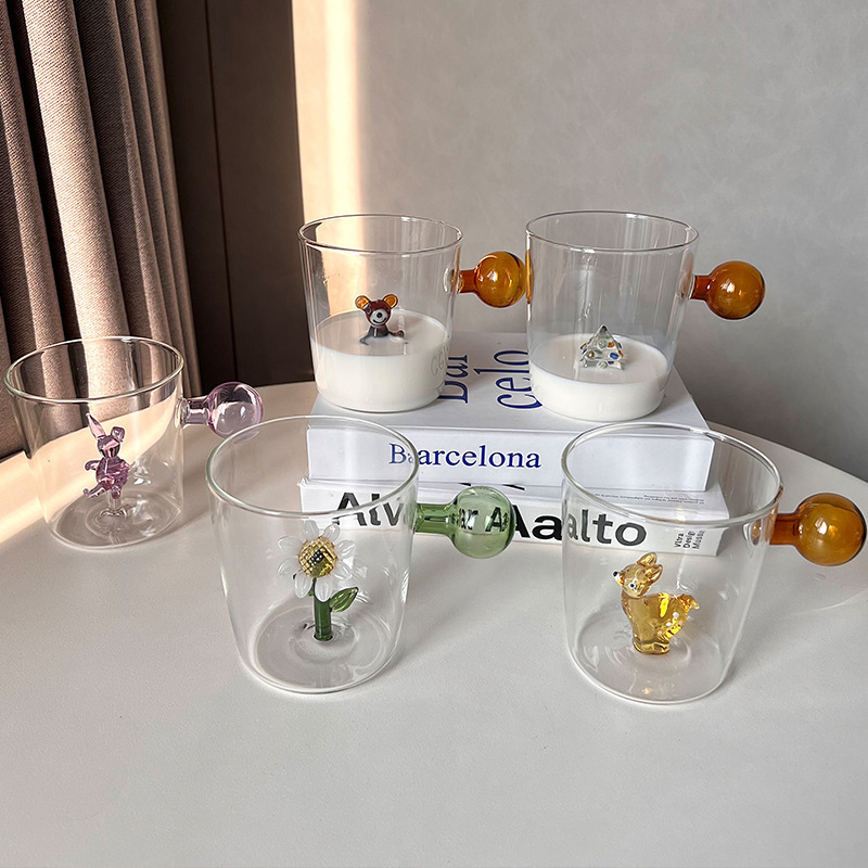 Colorful Ball Handle High Borosilicate Glass Cup for Household Creative Cute Cup Embedded with 3D Cartoon Animals and Plants