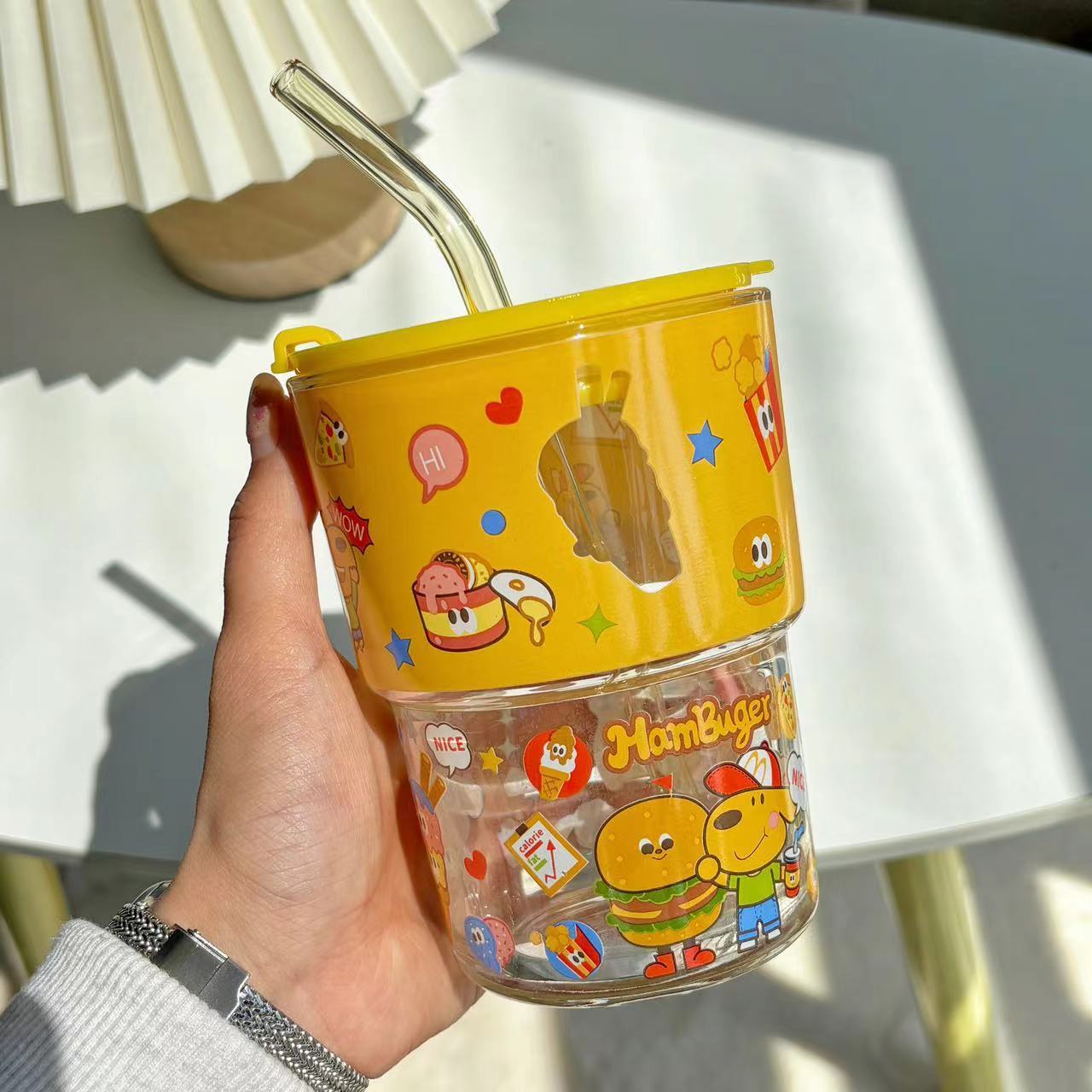 keir Dog Burger Printed Glass with Straw Cup Lid Gift Box Cute Cartoon Household Water Cup Birthday Gift