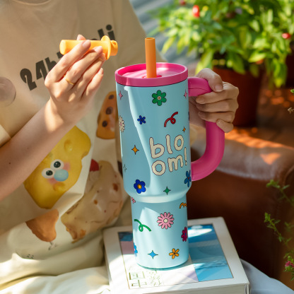 1200ML Colorful Flower-printed Insulated Cup Stainless Steel Car Large-capacity Straw Cup