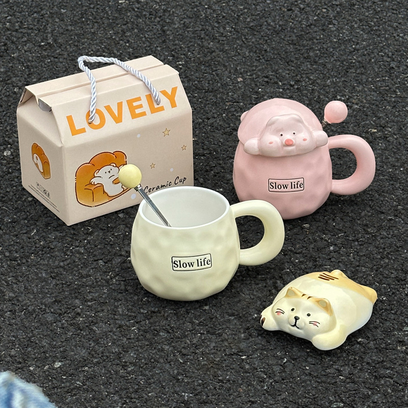 Cute Funny Ghost Poached Egg Cup Ceramic Bear Shape Mug with Lid and Spoon Gift Box Halloween Birthday Present