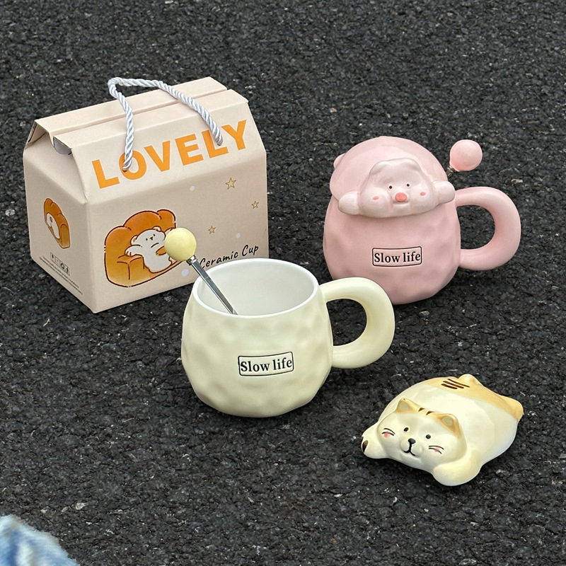 Cute Funny Ghost Poached Egg Cup Ceramic Bear Shape Mug with Lid and Spoon Gift Box Halloween Birthday Present