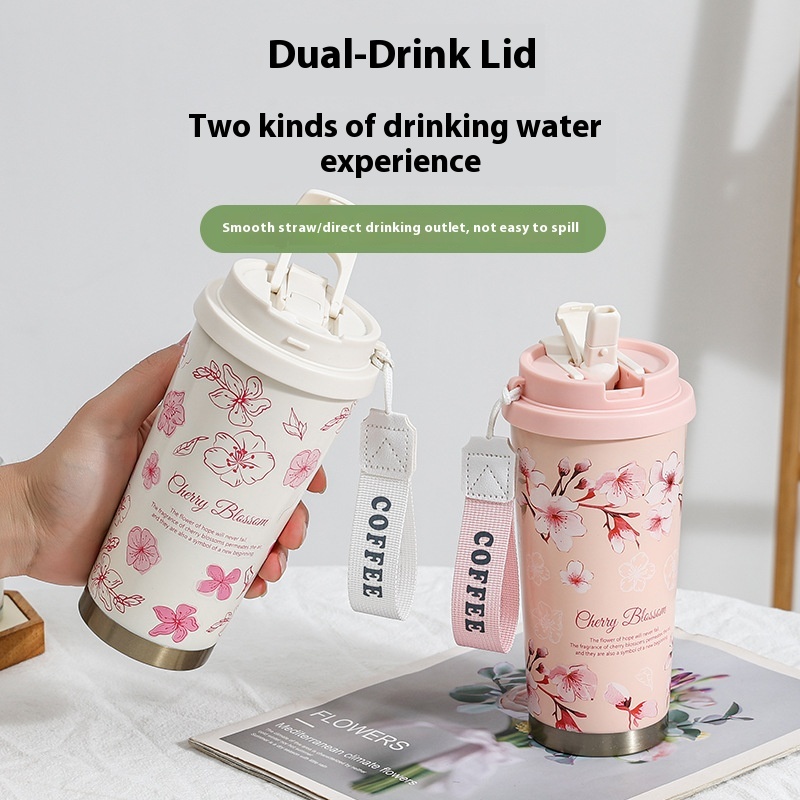 New Thermos Cup Coffee Cup for Girls High Appearance Double Drinking Cup Light Luxury Lily of The Valley Flower Water Cup