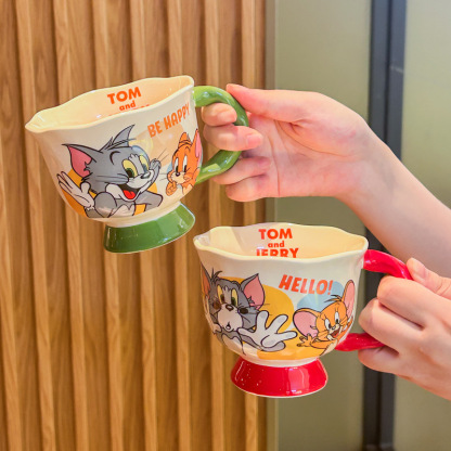 Vintage Cute Cartoon Cat Mouse Print Brown Cup Round Mouth Cup Ceramic Tall Foot Cup Coffee Cup with Spoon Box Gifts