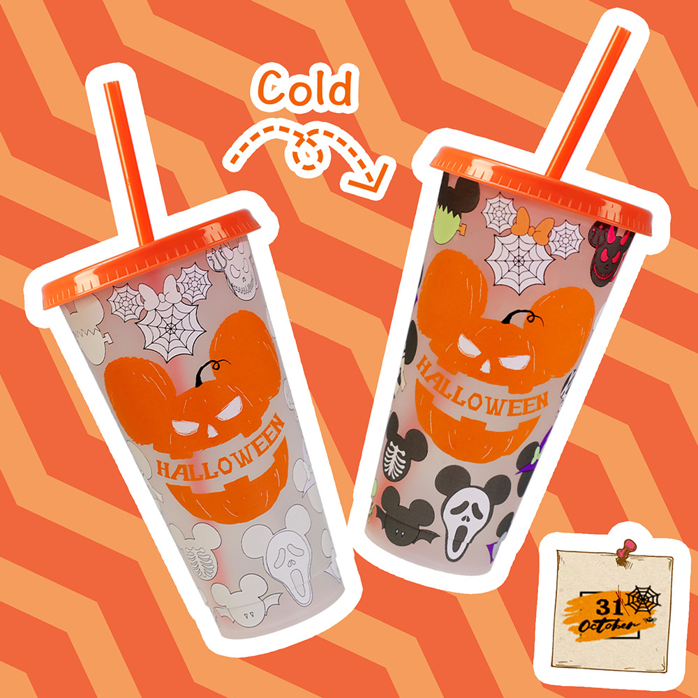 710ml PP Reusable with Straws Water Cups Changing Colour Magical Plastic Cold Water Color Changing Luminous Cup for Halloween