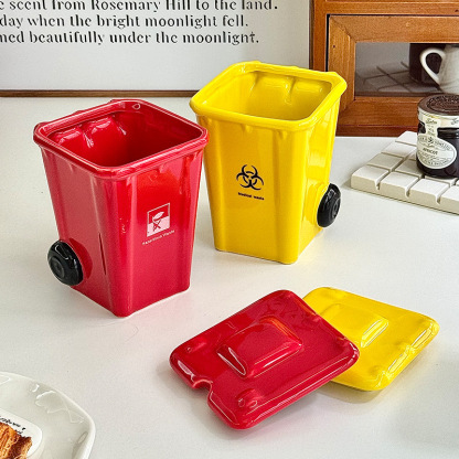 360ML Creative Trash Can Shape Ceramic Mugs Funny Birthday Gifts Coffee and Water Cups for Boys Girls Friends Breakfast Cups with Spoon