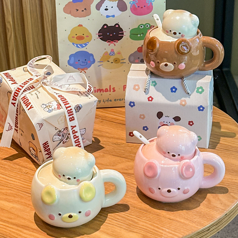 Ceramic Bear Shape Water Cup Mug with Lid and Box Cartoon Girl Kids Birthday Christmas Halloween Gift