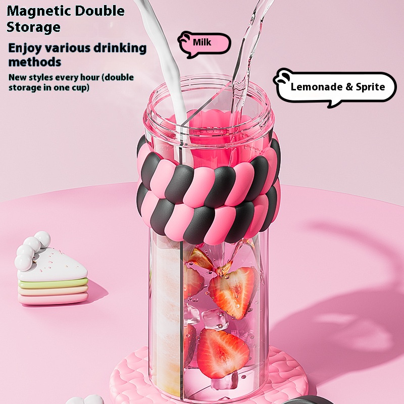 720ML Color Double Drink Cup Cartoon Student Plastic Water Cup Large Capacity Portable Straw Cup