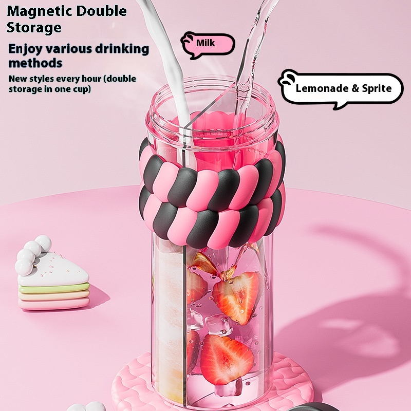 720ML Color Double Drink Cup Cartoon Student Plastic Water Cup Large Capacity Portable Straw Cup