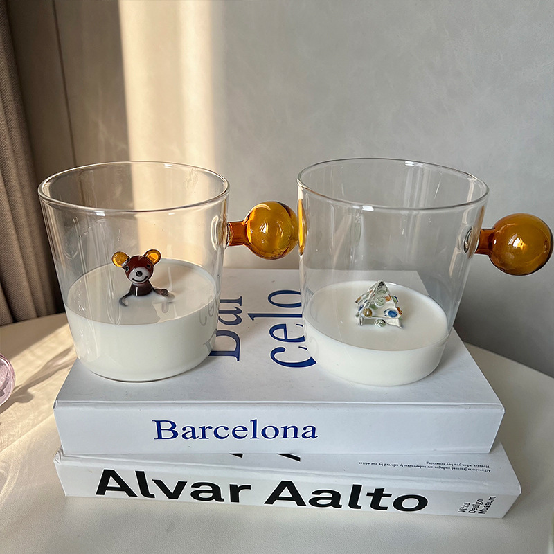 Colorful Ball Handle High Borosilicate Glass Cup for Household Creative Cute Cup Embedded with 3D Cartoon Animals and Plants