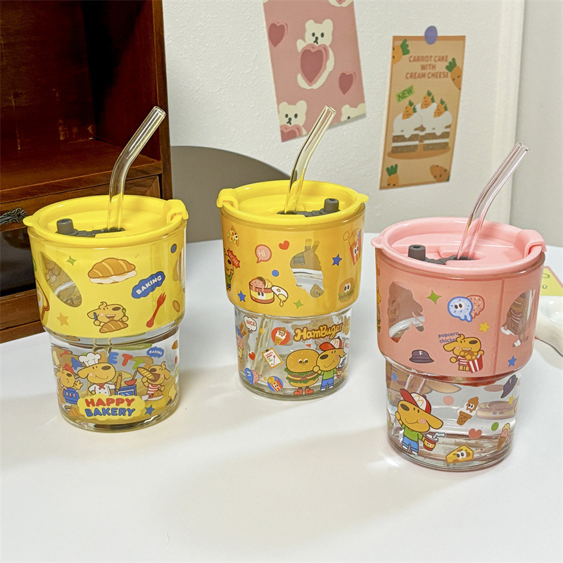keir Dog Burger Printed Glass with Straw Cup Lid Gift Box Cute Cartoon Household Water Cup Birthday Gift