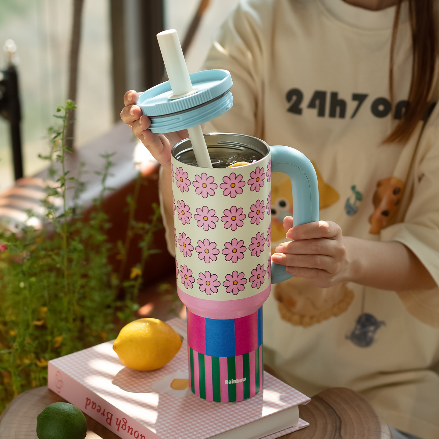 1200ML Colorful Flower-printed Insulated Cup Stainless Steel Car Large-capacity Straw Cup