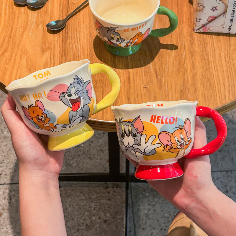 Vintage Cute Cartoon Cat Mouse Print Brown Cup Round Mouth Cup Ceramic Tall Foot Cup Coffee Cup with Spoon Box Gifts