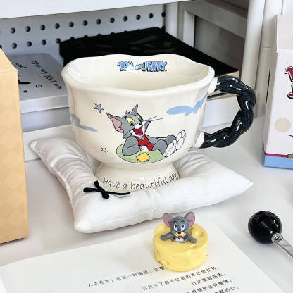 Vintage Cute Cartoon Cat Mouse Print Brown Cup Round Mouth Cup Ceramic Tall Foot Cup Coffee Cup with Spoon Box Gifts