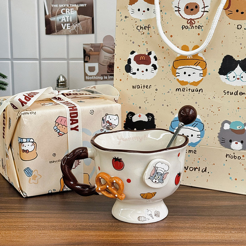 Vintage Cute Cartoon Cat Mouse Print Brown Cup Round Mouth Cup Ceramic Tall Foot Cup Coffee Cup with Spoon Box Gifts