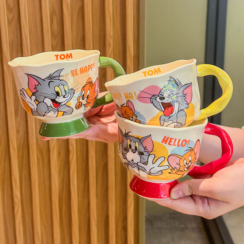 Vintage Cute Cartoon Cat Mouse Print Brown Cup Round Mouth Cup Ceramic Tall Foot Cup Coffee Cup with Spoon Box Gifts