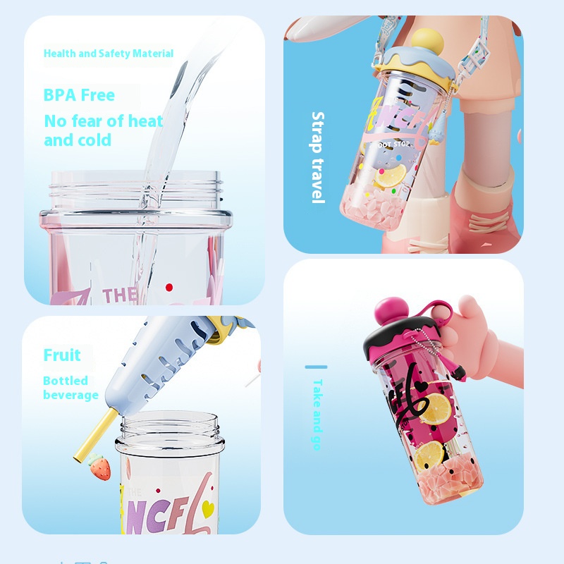 Kawaii Ice Cream Water Cup Portable Large Capacity Sugar Cone Straw Cup Students Children Drinking Cup with Strap