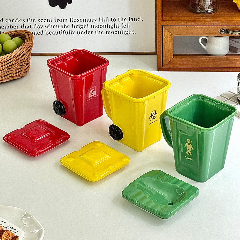 360ML Creative Trash Can Shape Ceramic Mugs Funny Birthday Gifts Coffee and Water Cups for Boys Girls Friends Breakfast Cups with Spoon