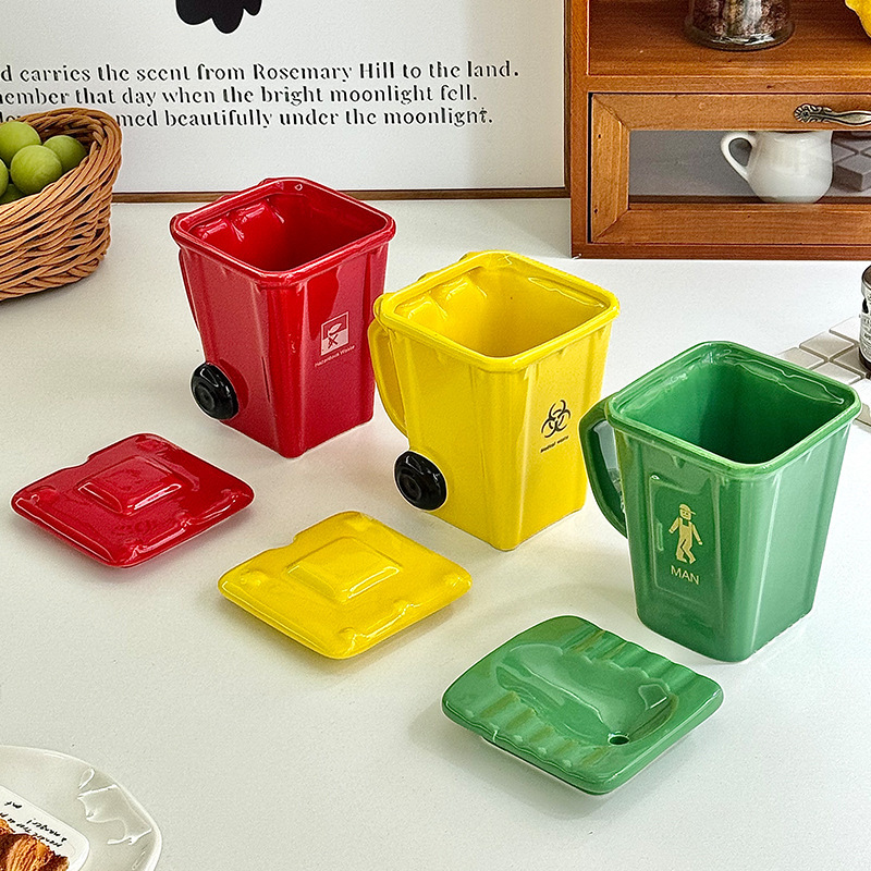 360ML Creative Trash Can Shape Ceramic Mugs Funny Birthday Gifts Coffee and Water Cups for Boys Girls Friends Breakfast Cups with Spoon
