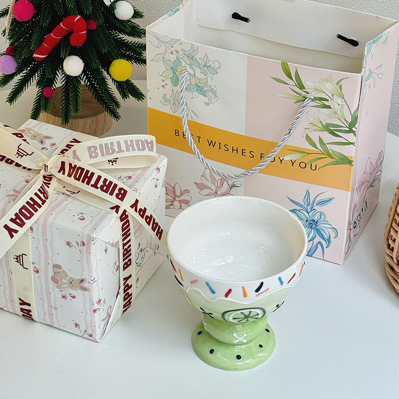 Ceramic Ice Cream Cup Creative Embossed three-dimensional Cute High Footed Dessert Cups Girls Household Fruit Yogurt Bowls