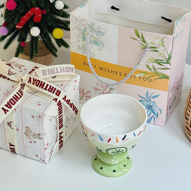 Ceramic Ice Cream Cup Creative Embossed three-dimensional Cute High Footed Dessert Cups Girls Household Fruit Yogurt Bowls