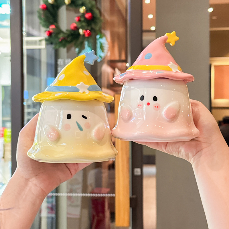 Cute Funny Ghost Poached Egg Cup Ceramic Bear Shape Mug with Lid and Spoon Gift Box Halloween Birthday Present