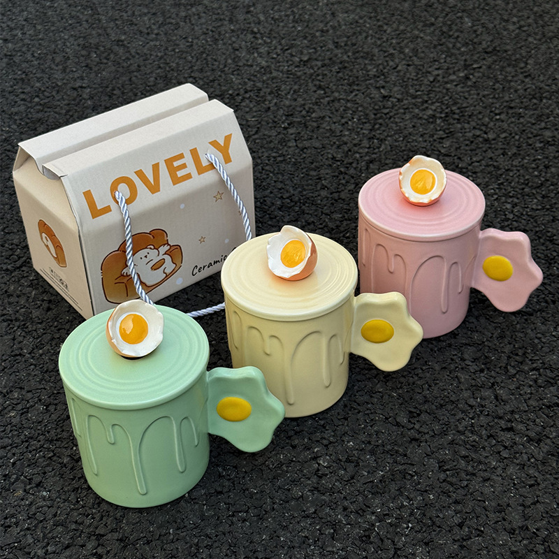 Cute Funny Ghost Poached Egg Cup Ceramic Bear Shape Mug with Lid and Spoon Gift Box Halloween Birthday Present