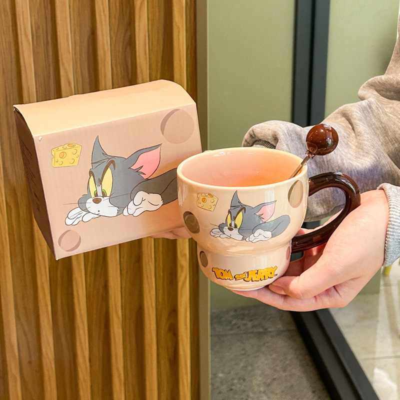 Vintage Cute Cartoon Cat Mouse Print Brown Cup Round Mouth Cup Ceramic Tall Foot Cup Coffee Cup with Spoon Box Gifts