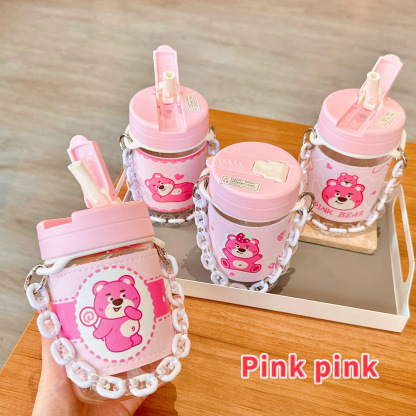 Cute Pink Bear Plastic Cup Creative Anti-scald Straw Cup with Leather Case