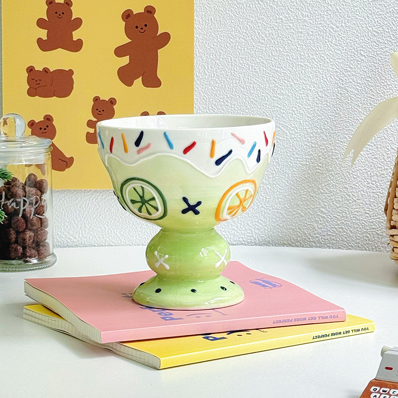 Ceramic Ice Cream Cup Creative Embossed three-dimensional Cute High Footed Dessert Cups Girls Household Fruit Yogurt Bowls