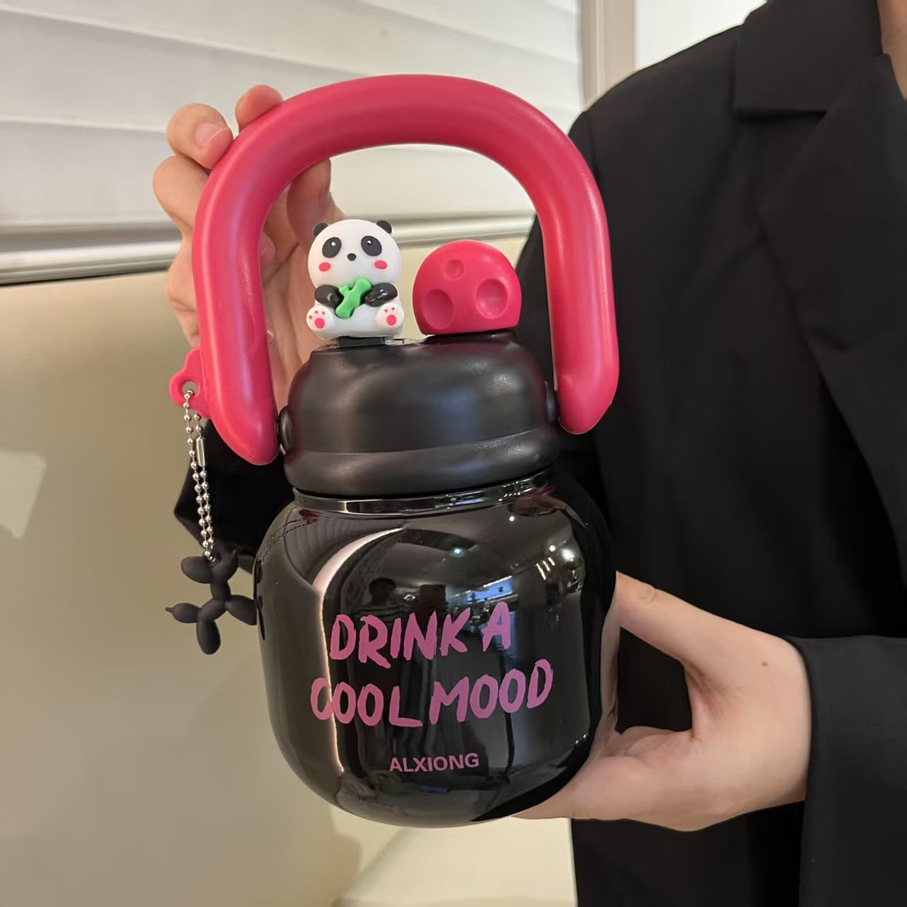 Large Capacity Double Drinking Straw Cup Girls Boy Portable Fitness Cup Cute Panda Doll Thermos Cup