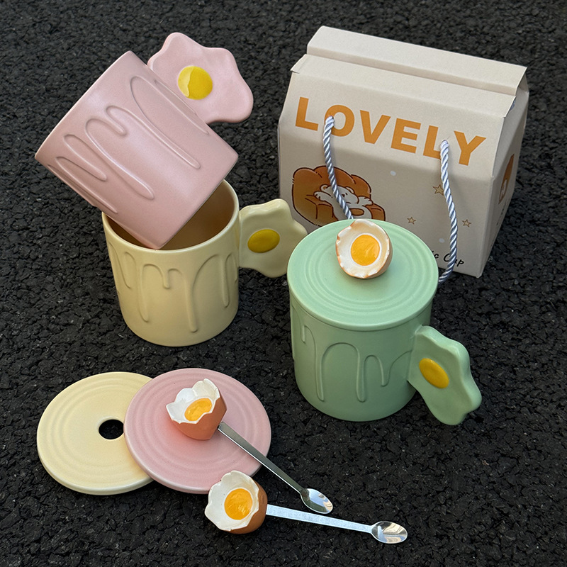 Cute Funny Ghost Poached Egg Cup Ceramic Bear Shape Mug with Lid and Spoon Gift Box Halloween Birthday Present