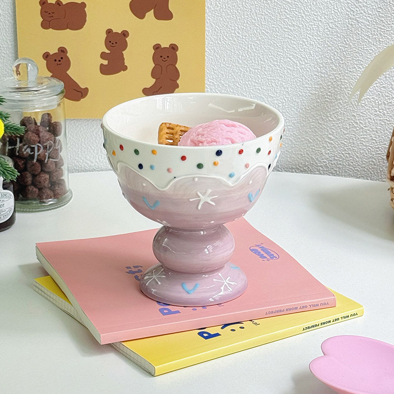 Ceramic Ice Cream Cup Creative Embossed three-dimensional Cute High Footed Dessert Cups Girls Household Fruit Yogurt Bowls