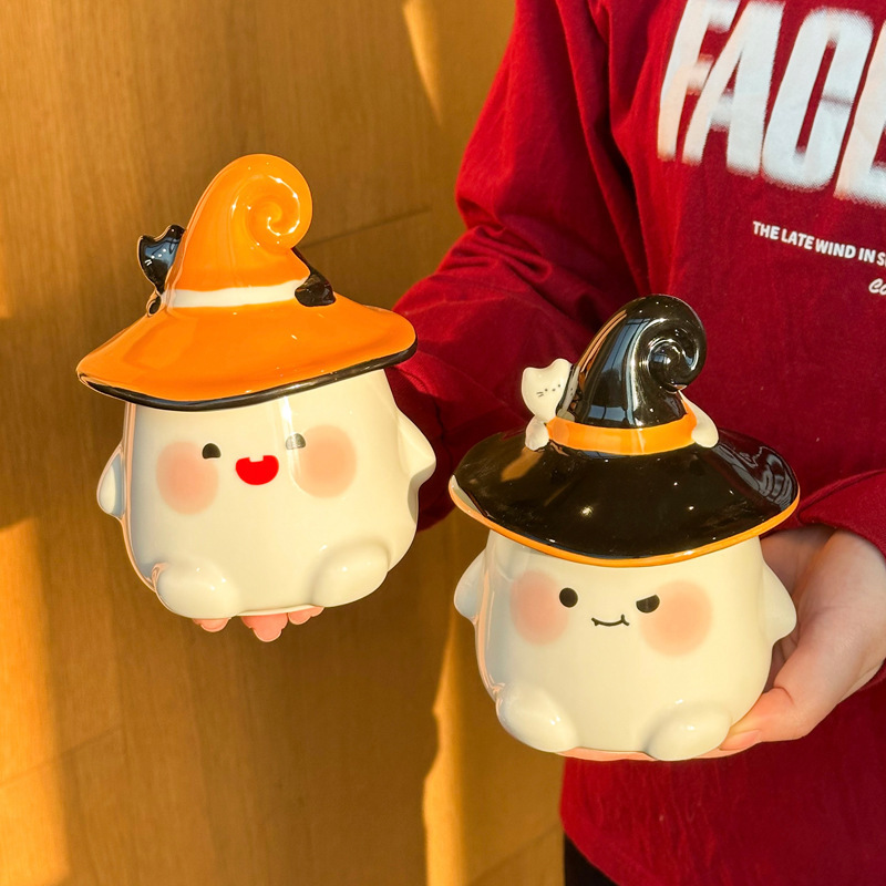 Cute Ceramic Ghost Cat Mug with Lid Bestie Souvenir Gift Box Birthday Water Cup