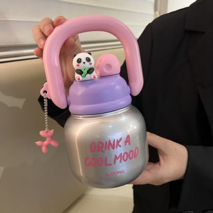 Large Capacity Double Drinking Straw Cup Girls Boy Portable Fitness Cup Cute Panda Doll Thermos Cup