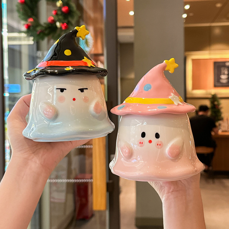 Cute Funny Ghost Poached Egg Cup Ceramic Bear Shape Mug with Lid and Spoon Gift Box Halloween Birthday Present