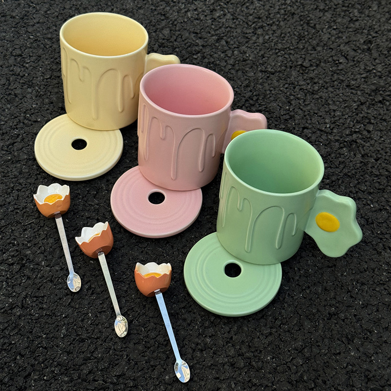 Cute Funny Ghost Poached Egg Cup Ceramic Bear Shape Mug with Lid and Spoon Gift Box Halloween Birthday Present