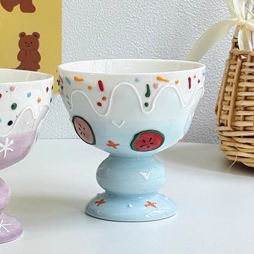 Ceramic Ice Cream Cup Creative Embossed three-dimensional Cute High Footed Dessert Cups Girls Household Fruit Yogurt Bowls