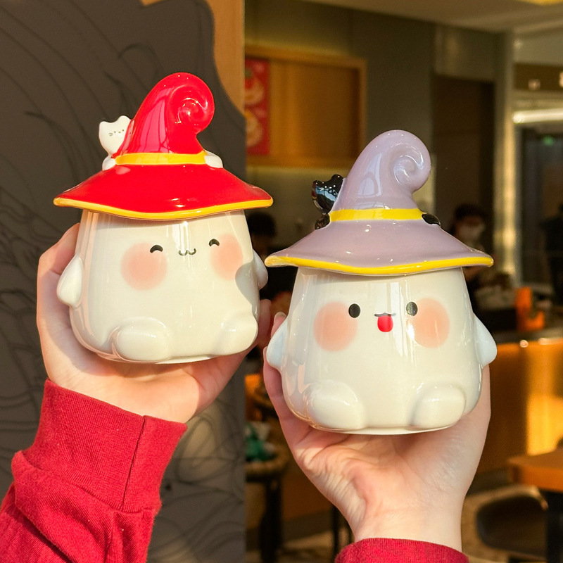 Cute Ceramic Ghost Cat Mug with Lid Bestie Souvenir Gift Box Birthday Water Cup