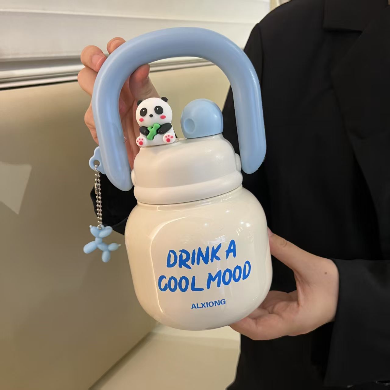 Large Capacity Double Drinking Straw Cup Girls Boy Portable Fitness Cup Cute Panda Doll Thermos Cup