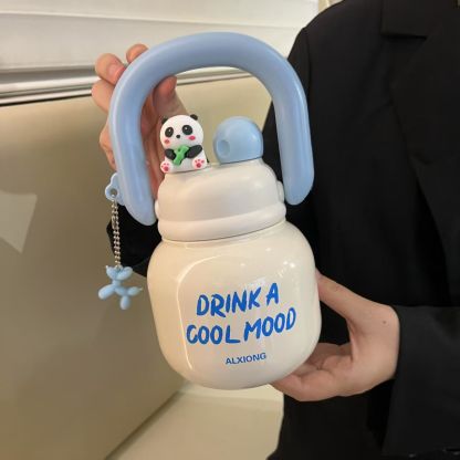 Large Capacity Double Drinking Straw Cup Girls Boy Portable Fitness Cup Cute Panda Doll Thermos Cup