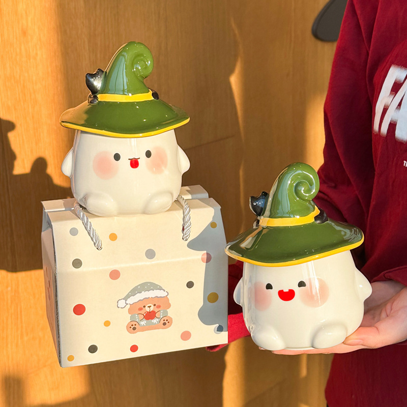 Cute Ceramic Ghost Cat Mug with Lid Bestie Souvenir Gift Box Birthday Water Cup